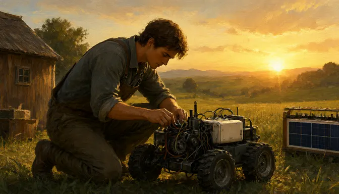 夕日の中で、太陽光パネルの横に置いた小型ロボットを組み立てる若者