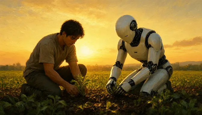 夕日の畑で、人と人型ロボットが並んで苗を植えている