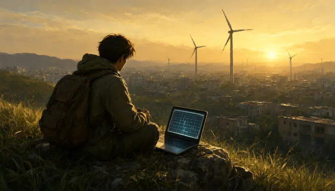 夕暮れの丘の上で、風車の並ぶ町を見下ろしながらノートPCを開く若者