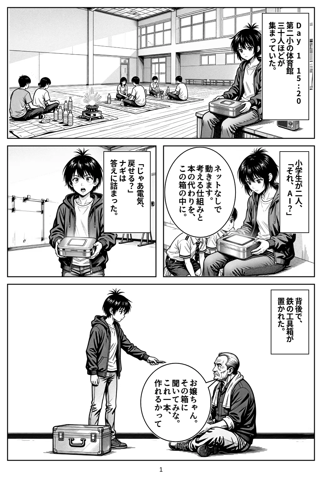 マンガ1ページ目。Day 1　15:20第二小の体育館三十人ほどが集まっていた。 小学生が二人、「それ、AI？」 アカリ「ネットなしで動きます。考える仕組みと本の代わりを、この箱の中に。」 「じゃあ電気、戻せる？」ナギは答えに詰まった。 背後で、鉄の工具箱が置かれた。 ゲン「お嬢ちゃん。その箱に聞いてみな。これ一本、作れるかって」