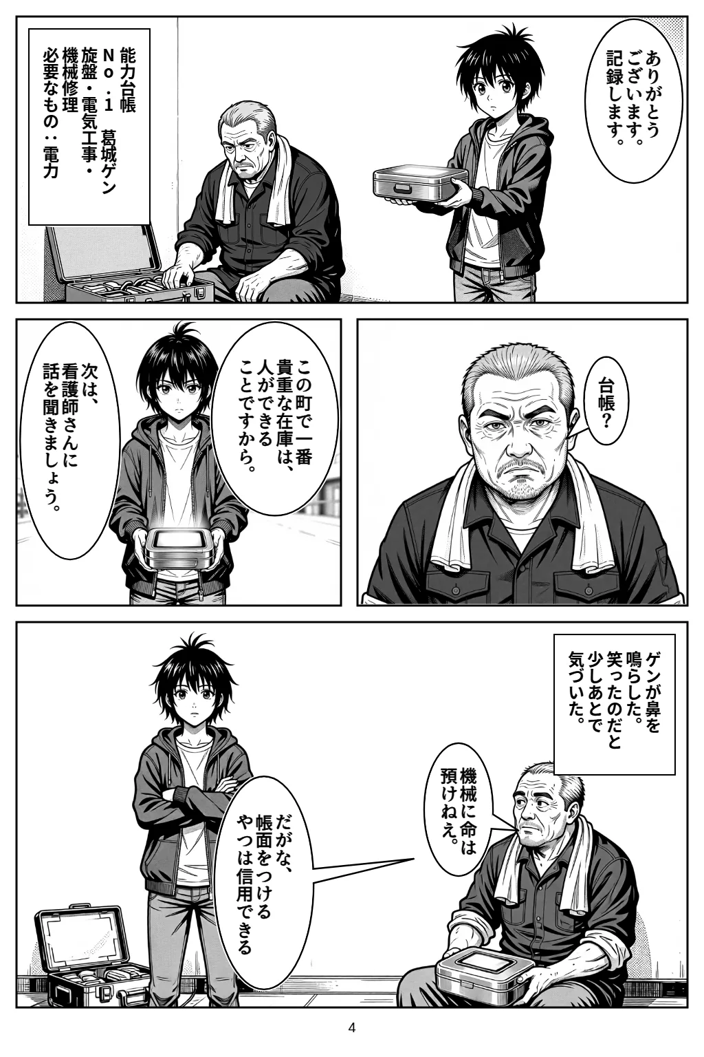 マンガ4ページ目。アカリ「ありがとうございます。記録します。」 能力台帳No.1　葛城ゲン旋盤・電気工事・機械修理必要なもの：電力 ゲン「台帳？」 アカリ「この町で一番貴重な在庫は、人ができることですから。」 アカリ「次は、看護師さんに話を聞きましょう。」 ゲンが鼻を鳴らした。笑ったのだと少しあとで気づいた。 ゲン「機械に命は預けねえ。」 ゲン「だがな、帳面をつけるやつは信用できる」