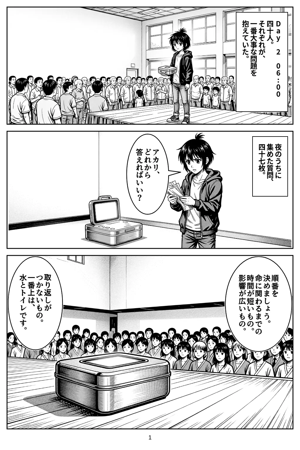 マンガ1ページ目。Day 2　06:00四十人。それぞれが、一番大事な問題を抱えていた。 夜のうちに集めた質問、四十七枚。 ナギ「アカリ、どれから答えればいい？」 アカリ「順番を決めましょう。命に関わるまでの時間が短いもの。影響が広いもの。」 アカリ「取り返しがつかないもの。一番上は、水とトイレです。」