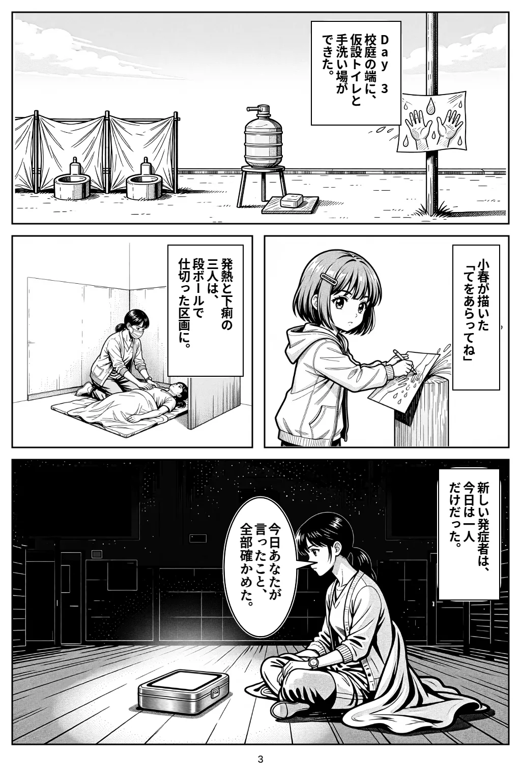 マンガ3ページ目。Day 3校庭の端に、仮設トイレと手洗い場ができた。 小春が描いた「てをあらってね」 発熱と下痢の三人は、段ボールで仕切った区画に。 新しい発症者は、今日は一人だけだった。 ハル「今日あなたが言ったこと、全部確かめた。」