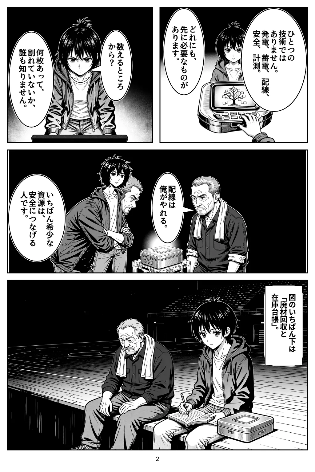 マンガ2ページ目。アカリ「ひとつの技術ではありません。発電、蓄電、配線、安全、計測。」 アカリ「どれにも、先に必要なものがあります。」 ナギ「数えるところから？」 アカリ「何枚あって、割れていないか、誰も知りません。」 ゲン「配線は俺がやれる。」 アカリ「いちばん希少な資源は、安全につなげる人です。」 図のいちばん下は「廃材回収と在庫台帳」。