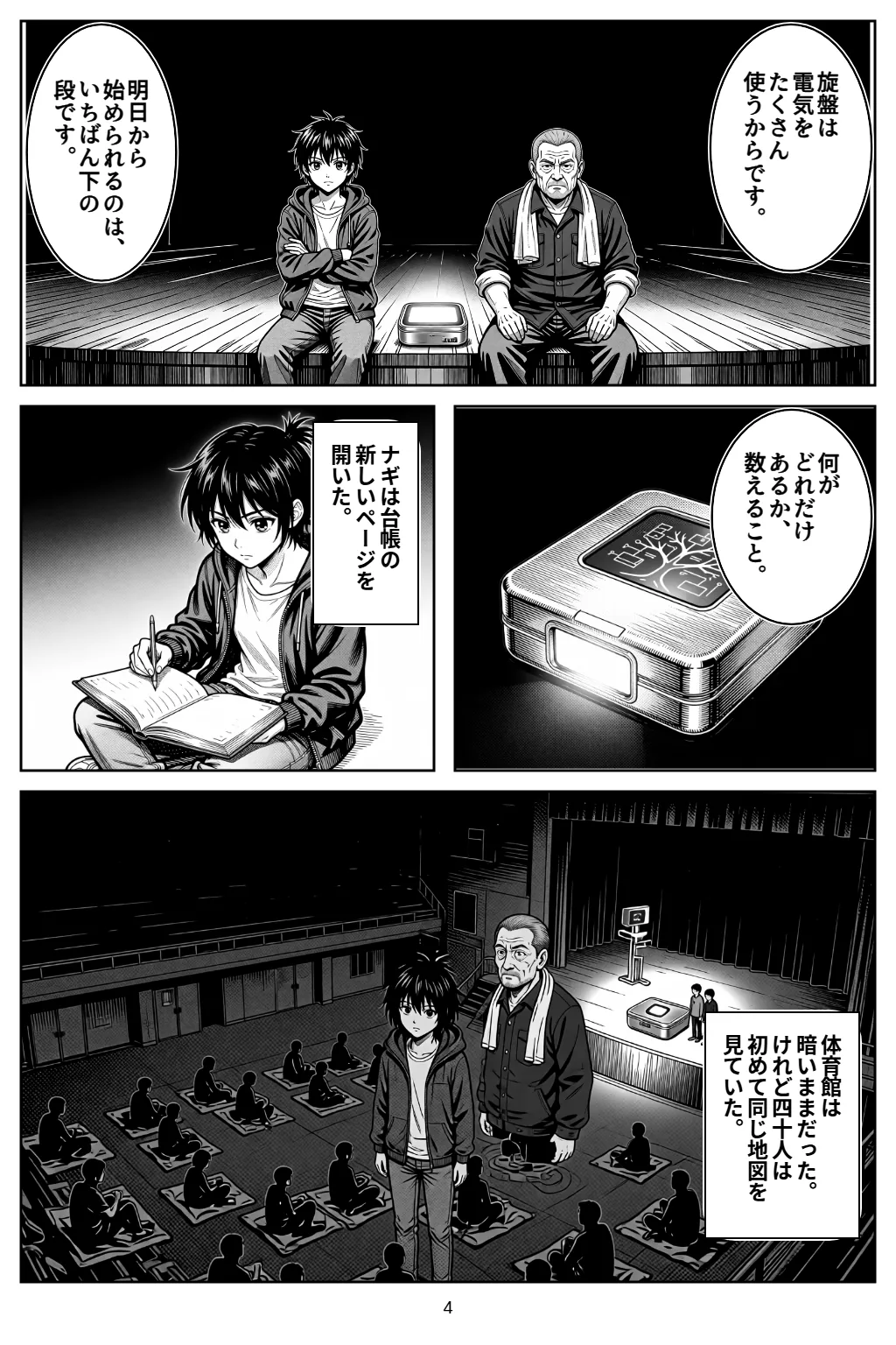 マンガ4ページ目。アカリ「旋盤は電気をたくさん使うからです。」 アカリ「明日から始められるのは、いちばん下の段です。」 アカリ「何がどれだけあるか、数えること。」 ナギは台帳の新しいページを開いた。 体育館は暗いままだった。けれど四十人は初めて同じ地図を見ていた。