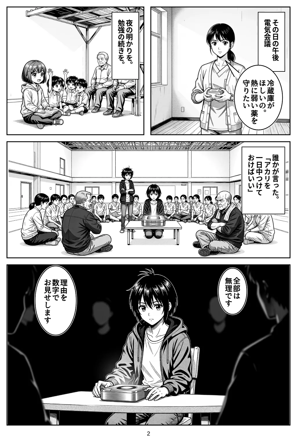 マンガ2ページ目。その日の午後電気会議 ハル「冷蔵庫がほしいの。熱に弱い薬を守りたい」 夜の明かりを。勉強の続きを。 誰かが言った。「アカリを一日中つけておけばいい」 アカリ「全部は無理です」 アカリ「理由を数字でお見せします」