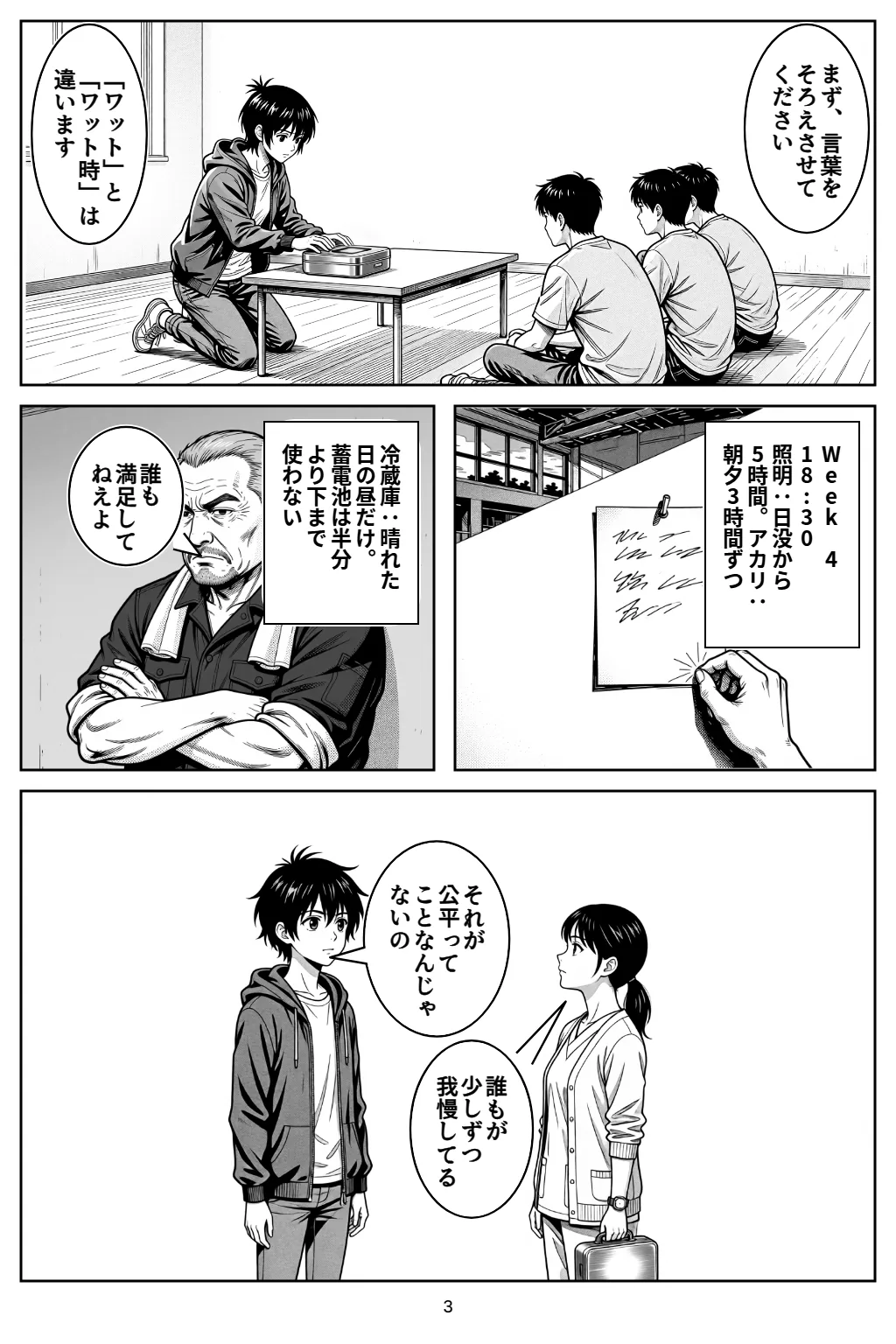 マンガ3ページ目。アカリ「まず、言葉をそろえさせてください」 アカリ「「ワット」と「ワット時」は違います」 Week 418:30照明：日没から5時間。アカリ：朝夕3時間ずつ 冷蔵庫：晴れた日の昼だけ。蓄電池は半分より下まで使わない ゲン「誰も満足してねえよ」 ナギ「それが公平ってことなんじゃないの」 ハル「誰もが少しずつ我慢してる」