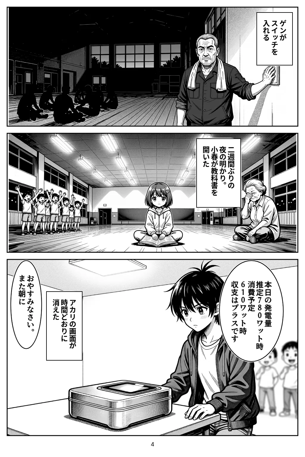 マンガ4ページ目。ゲンがスイッチを入れる 二週間ぶりの夜の明かり。小春が教科書を開いた アカリ「本日の発電量推定780ワット時消費予定610ワット時収支はプラスです」 アカリ「おやすみなさい。また朝に」 アカリの画面が時間どおりに消えた