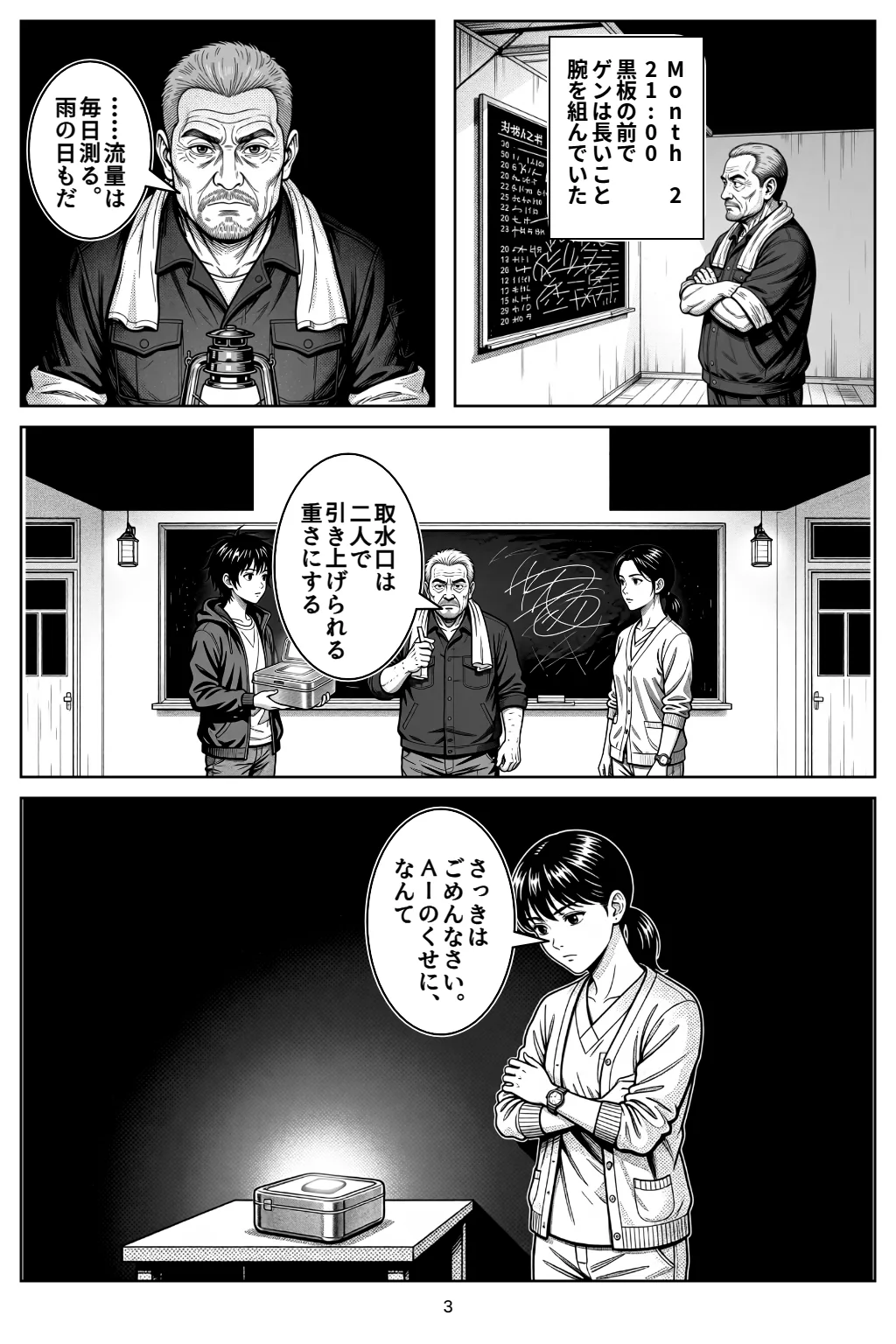 マンガ3ページ目。Month 221:00黒板の前でゲンは長いこと腕を組んでいた ゲン「……流量は毎日測る。雨の日もだ」 ゲン「取水口は二人で引き上げられる重さにする」 ハル「さっきはごめんなさい。AIのくせに、なんて」