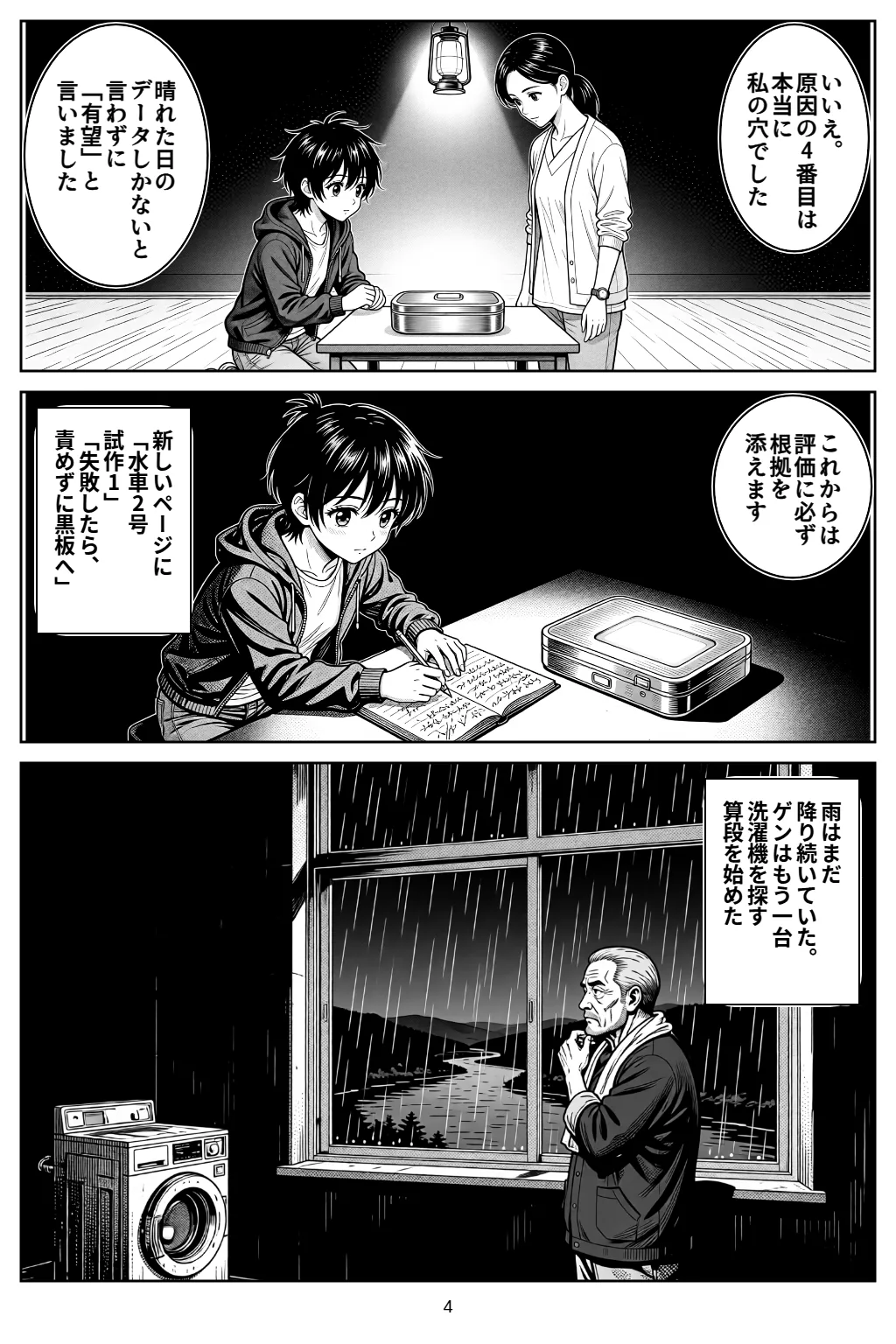 マンガ4ページ目。アカリ「いいえ。原因の4番目は本当に私の穴でした」 アカリ「晴れた日のデータしかないと言わずに「有望」と言いました」 アカリ「これからは評価に必ず根拠を添えます」 新しいページに「水車2号試作1」「失敗したら、責めずに黒板へ」 雨はまだ降り続いていた。ゲンはもう一台洗濯機を探す算段を始めた
