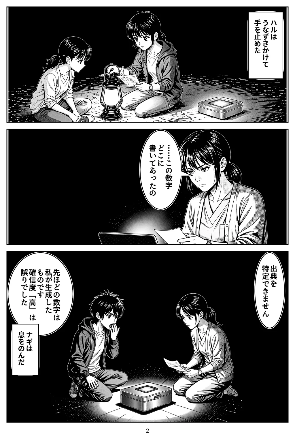 マンガ2ページ目。ハルはうなずきかけて手を止めた ハル「……この数字どこに書いてあったの」 アカリ「出典を特定できません」 アカリ「先ほどの数字は私が生成したものです確信度「高」は誤りでした」 ナギは息をのんだ