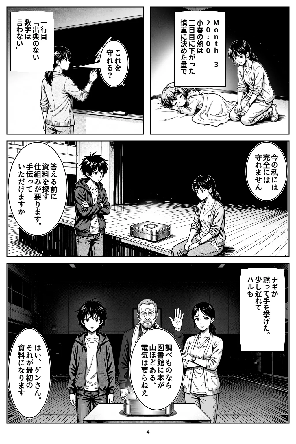 マンガ4ページ目。Month 320:00小春の熱は三日目に下がった慎重に決めた量で 一行目「出典のない数字は言わない」 ハル「これを守れる？」 アカリ「今の私には完全には守れません」 アカリ「答える前に資料を探す仕組みが要ります。手伝っていただけますか」 ナギが黙って手を挙げた。少し遅れてハルも ゲン「調べものなら図書館に本が山ほどある。電気は要らねえ」 アカリ「はい、ゲンさん。それが最初の資料になります」