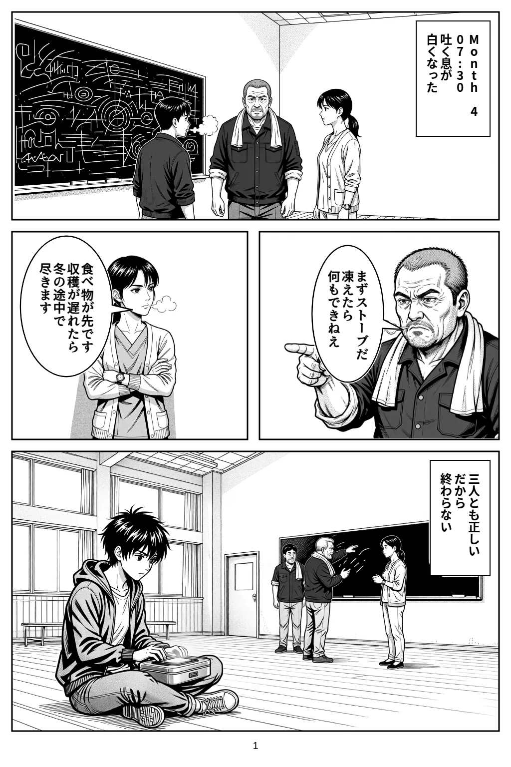 マンガ1ページ目。Month 407:30吐く息が白くなった ゲン「まずストーブだ凍えたら何もできねえ」 ハル「食べ物が先です収穫が遅れたら冬の途中で尽きます」 三人とも正しいだから終わらない