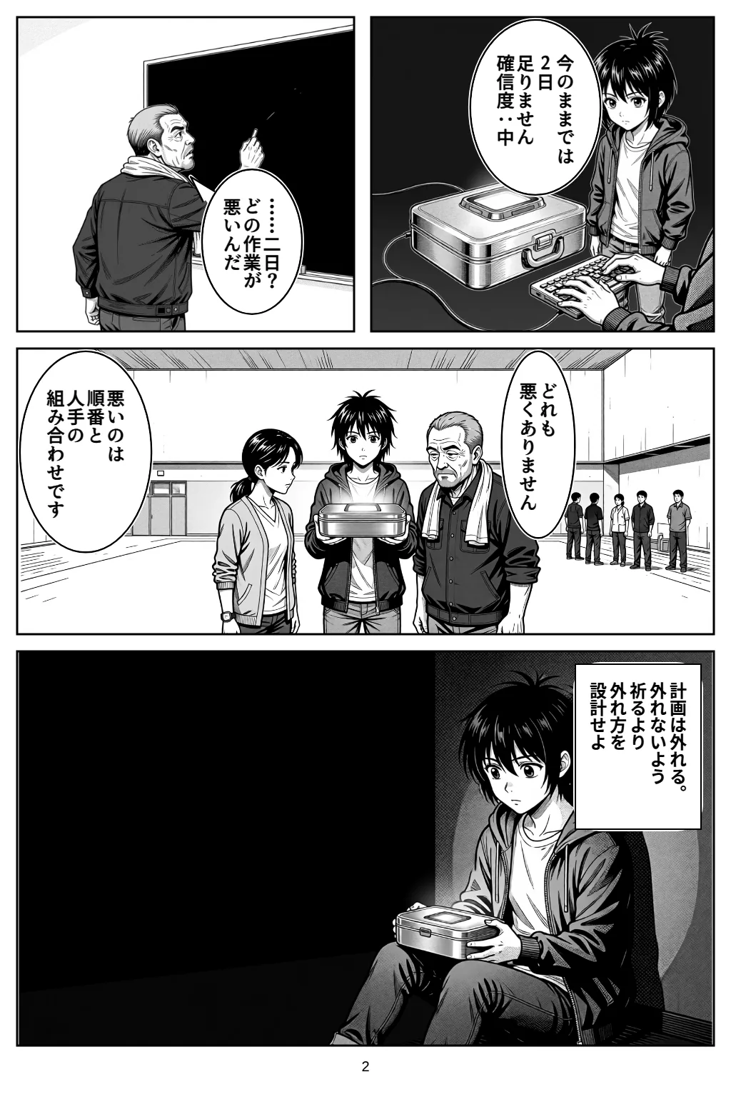マンガ2ページ目。アカリ「今のままでは2日足りません確信度：中」 ゲン「……二日？どの作業が悪いんだ」 アカリ「どれも悪くありません」 アカリ「悪いのは順番と人手の組み合わせです」 計画は外れる。外れないよう祈るより外れ方を設計せよ