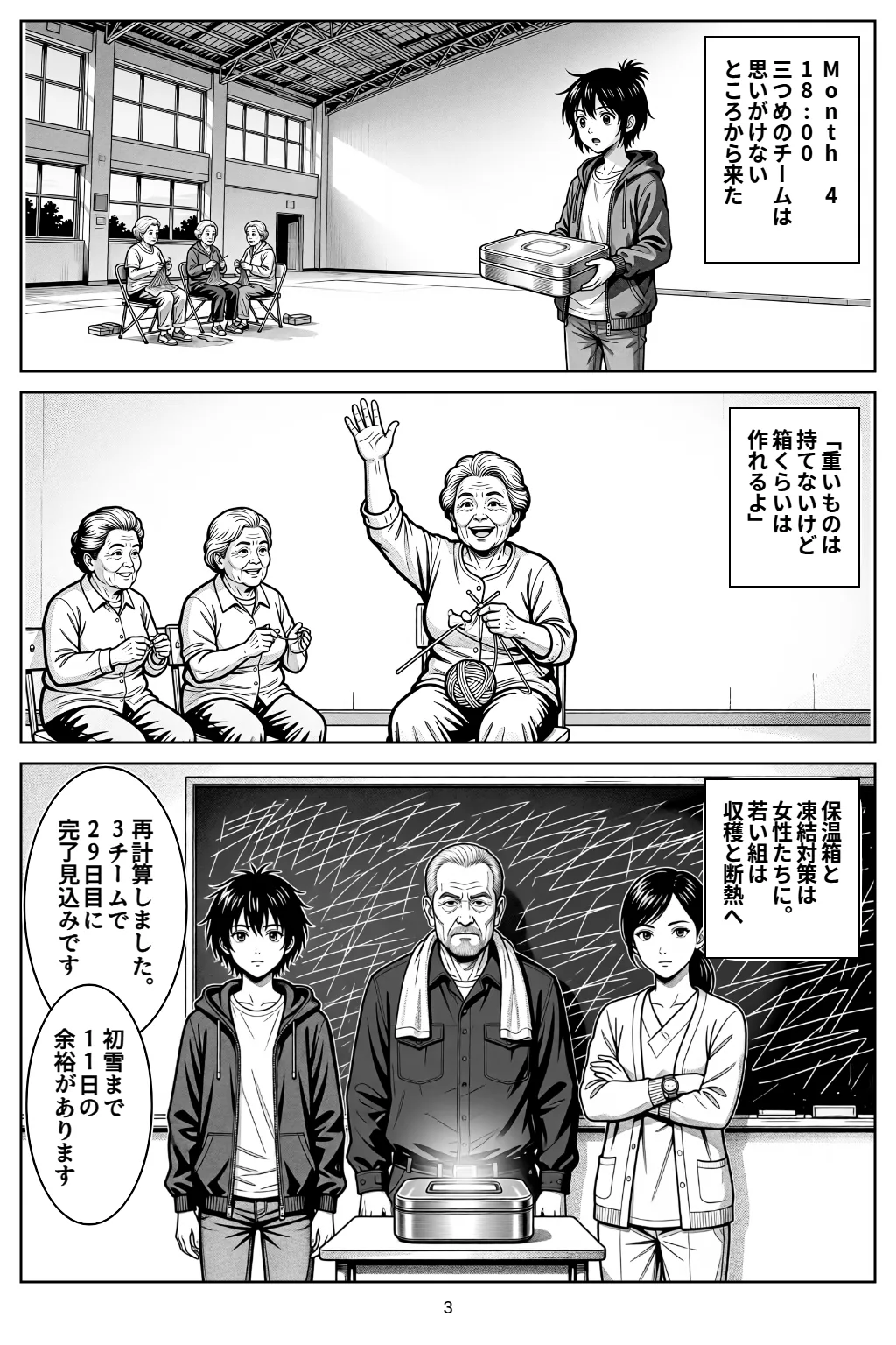 マンガ3ページ目。Month 418:00三つめのチームは思いがけないところから来た 「重いものは持てないけど箱くらいは作れるよ」 保温箱と凍結対策は女性たちに。若い組は収穫と断熱へ アカリ「再計算しました。3チームで29日目に完了見込みです」 アカリ「初雪まで11日の余裕があります」