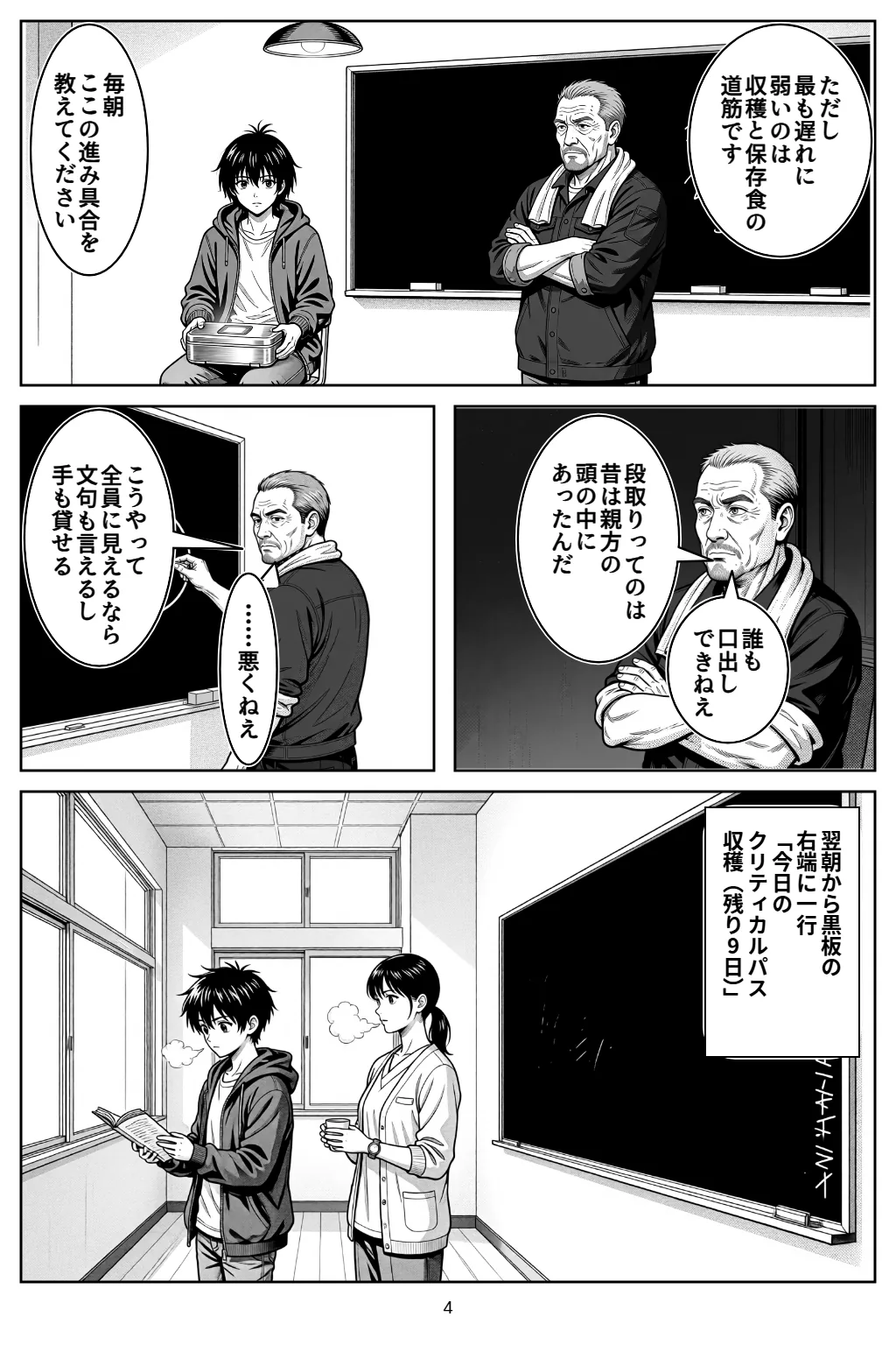 マンガ4ページ目。アカリ「ただし最も遅れに弱いのは収穫と保存食の道筋です」 アカリ「毎朝ここの進み具合を教えてください」 ゲン「段取りってのは昔は親方の頭の中にあったんだ」 ゲン「誰も口出しできねえ」 ゲン「こうやって全員に見えるなら文句も言えるし手も貸せる」 ゲン「……悪くねえ」 翌朝から黒板の右端に一行「今日のクリティカルパス収穫（残り9日）」