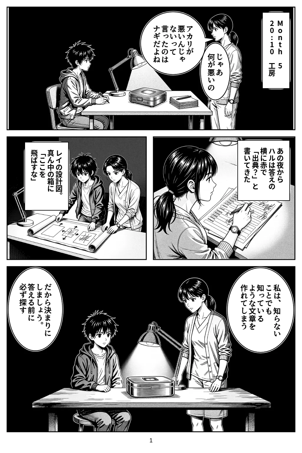 マンガ1ページ目。Month 520:10　工房 ハル「アカリが悪いんじゃないって言ったのはナギだよね」 ハル「じゃあ何が悪いの」 あの夜からハルは答えの横に赤で「出典？」と書いてきた レイの設計図。真ん中の箱に「ここを飛ばすな」 アカリ「私は、知らないことでも知っているような文章を作れてしまう」 アカリ「だから決まりにしましょう。答える前に必ず探す」