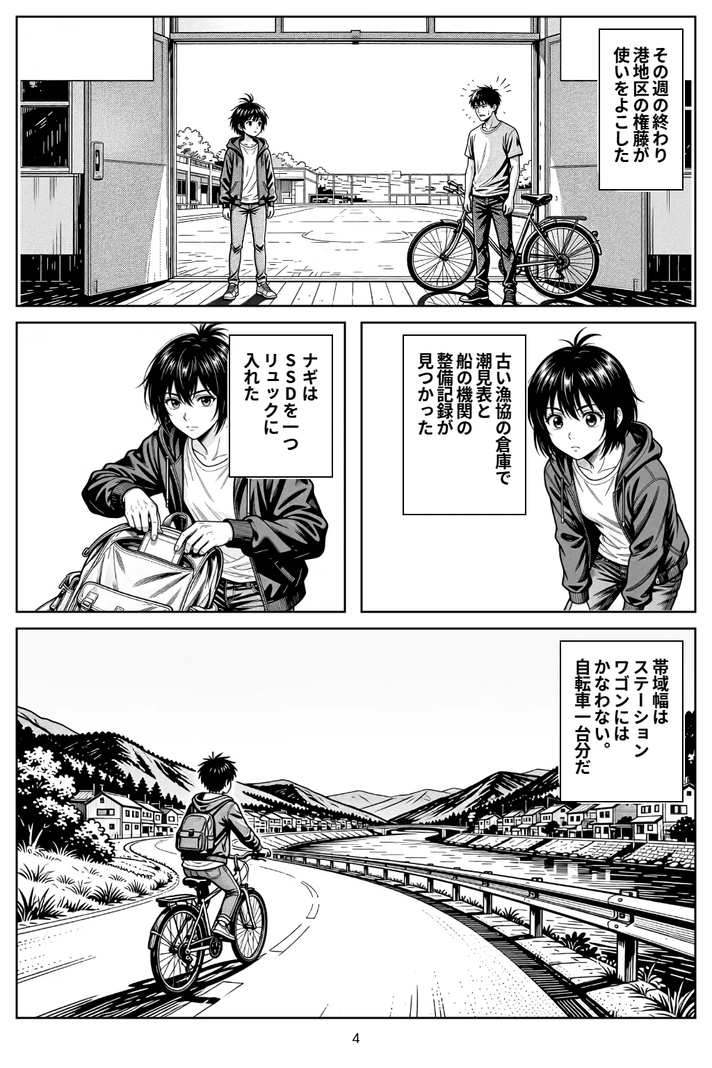マンガ4ページ目。その週の終わり港地区の権藤が使いをよこした 古い漁協の倉庫で潮見表と船の機関の整備記録が見つかった ナギはSSDを一つリュックに入れた 帯域幅はステーションワゴンにはかなわない。自転車一台分だ