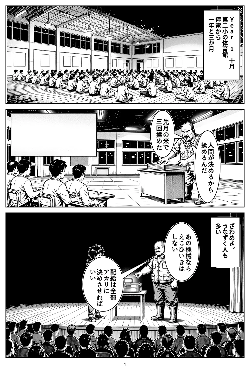 マンガ1ページ目。Year 1　十月第二小の体育館停電から一年と三か月 権藤「先月の米で三回揉めた」 権藤「人間が決めるから揉めるんだ」 ざわめき。うなずく人も多い 権藤「あの機械ならえこひいきはしない」 権藤「配給は全部アカリに決めさせればいい」