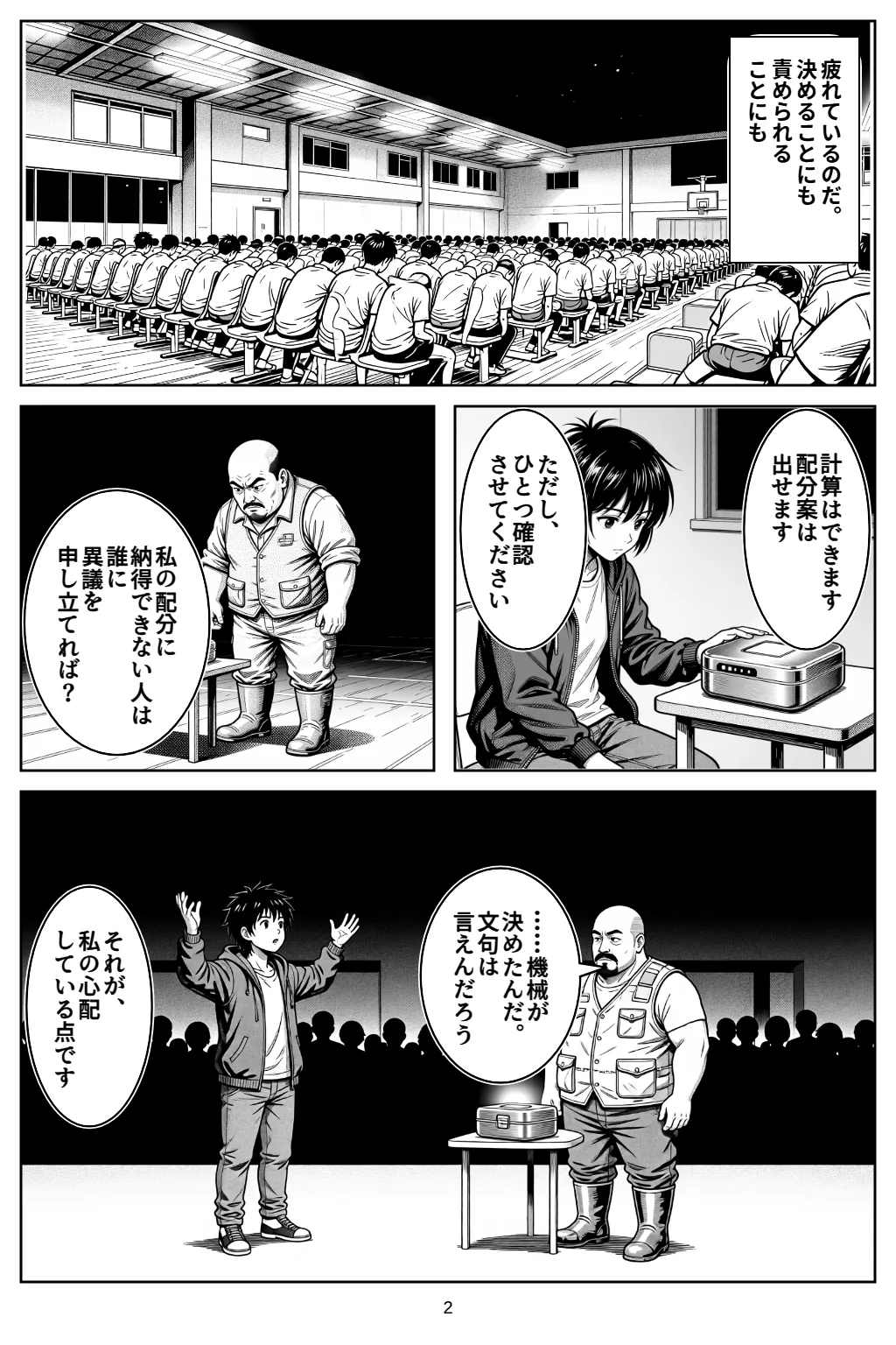 マンガ2ページ目。疲れているのだ。決めることにも責められることにも アカリ「計算はできます配分案は出せます」 アカリ「ただし、ひとつ確認させてください」 アカリ「私の配分に納得できない人は誰に異議を申し立てれば？」 権藤「……機械が決めたんだ。文句は言えんだろう」 アカリ「それが、私の心配している点です」