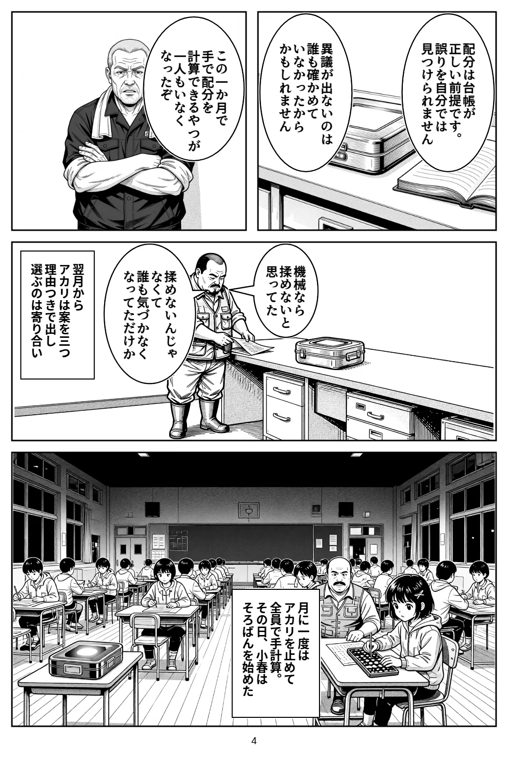 マンガ4ページ目。アカリ「配分は台帳が正しい前提です。誤りを自分では見つけられません」 アカリ「異議が出ないのは誰も確かめていなかったからかもしれません」 ゲン「この一か月で手で配分を計算できるやつが一人もいなくなったぞ」 権藤「機械なら揉めないと思ってた」 権藤「揉めないんじゃなくて誰も気づかなくなってただけか」 翌月からアカリは案を三つ理由つきで出し選ぶのは寄り合い 月に一度はアカリを止めて全員で手計算。その日、小春はそろばんを始めた