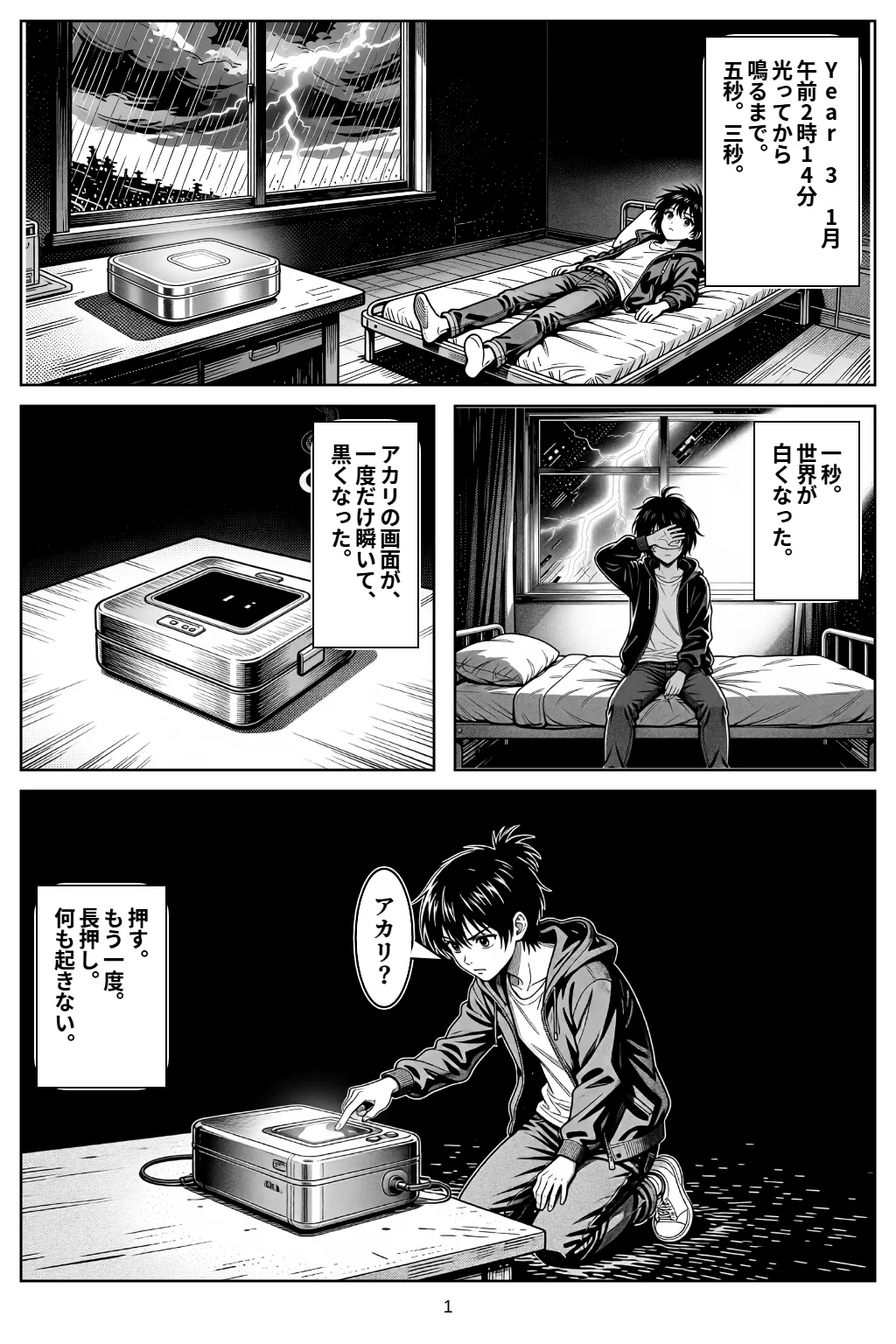 マンガ1ページ目。Year 3　1月午前2時14分光ってから鳴るまで。五秒。三秒。 一秒。世界が白くなった。 アカリの画面が、一度だけ瞬いて、黒くなった。 ナギ「アカリ？」 押す。もう一度。長押し。何も起きない。