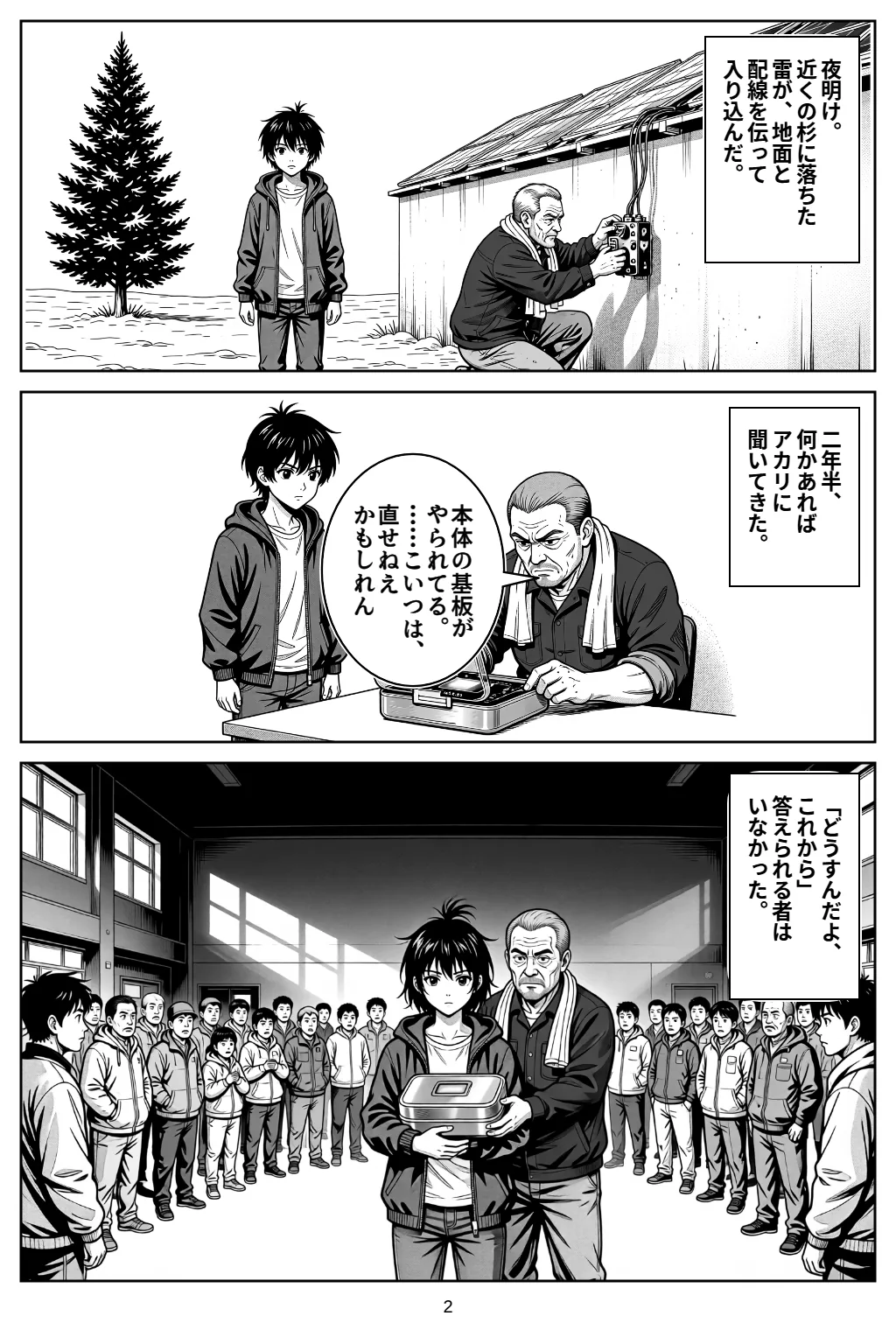 マンガ2ページ目。夜明け。近くの杉に落ちた雷が、地面と配線を伝って入り込んだ。 二年半、何かあればアカリに聞いてきた。 ゲン「本体の基板がやられてる。……こいつは、直せねえかもしれん」 「どうすんだよ、これから」答えられる者はいなかった。