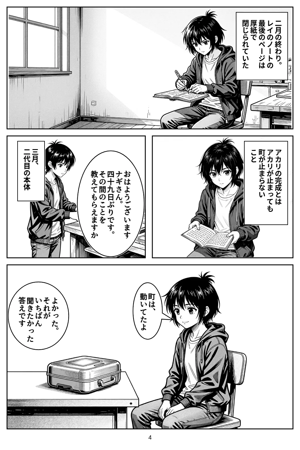 マンガ4ページ目。二月の終わり。レイのノートの最後のページは厚紙で閉じられていた アカリの完成とはアカリが止まっても町が止まらないこと 三月、二代目の本体 アカリ「おはようございますナギさん。四十九日ぶりです。その間のことを教えてもらえますか」 ナギ「町は、動いてたよ」 アカリ「よかった。それがいちばん聞きたかった答えです」