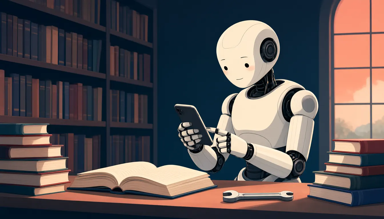 本棚に囲まれた机で、白いロボットが本を開きながらスマートフォンを操作している。