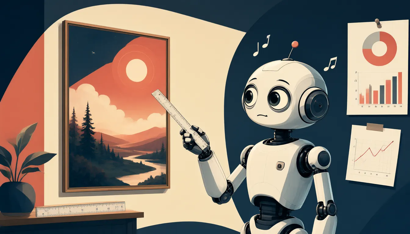 風景画と定規を前に首をかしげるロボット。壁にはグラフが貼られている。