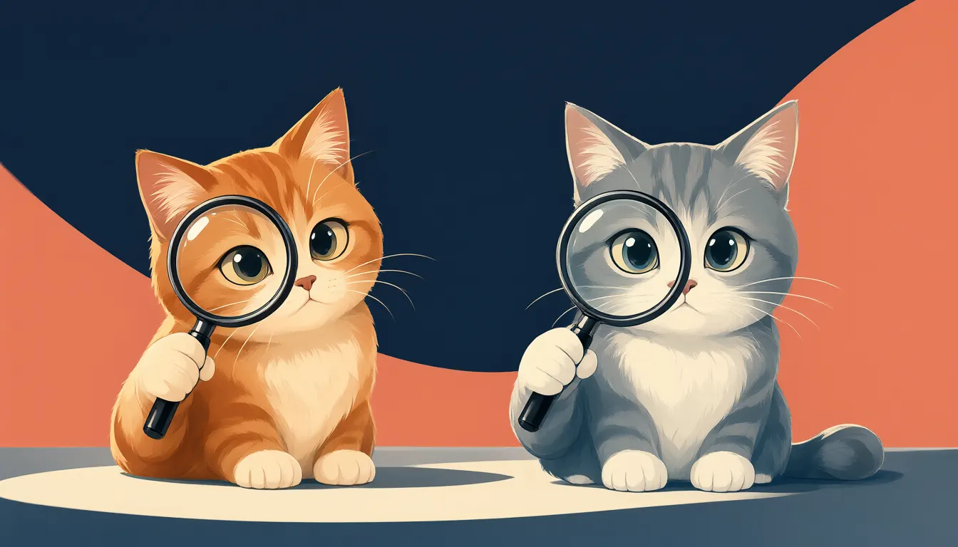 虫めがねをのぞき込む、茶トラと灰色の2匹の猫。