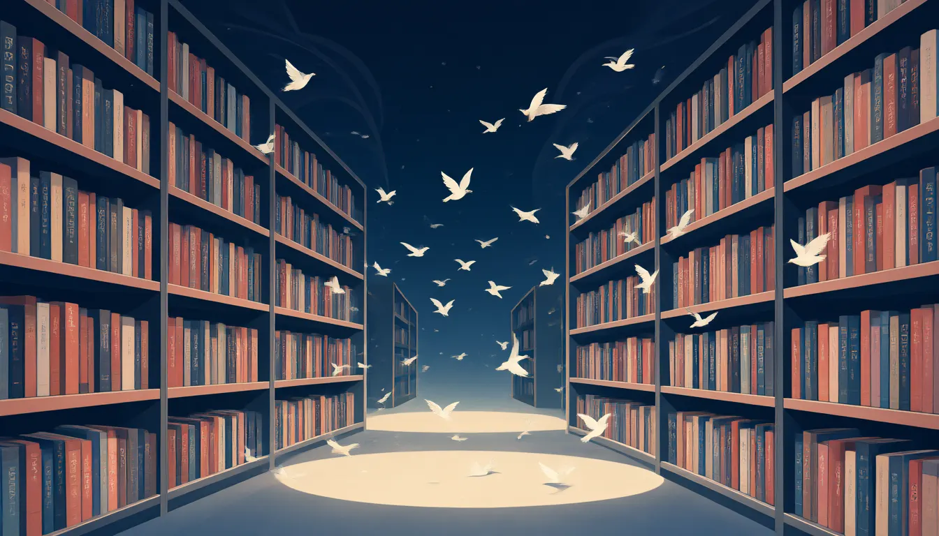 両側に本棚が続く図書館の通路を、白い鳥の群れが奥の光へ向かって飛んでいく。