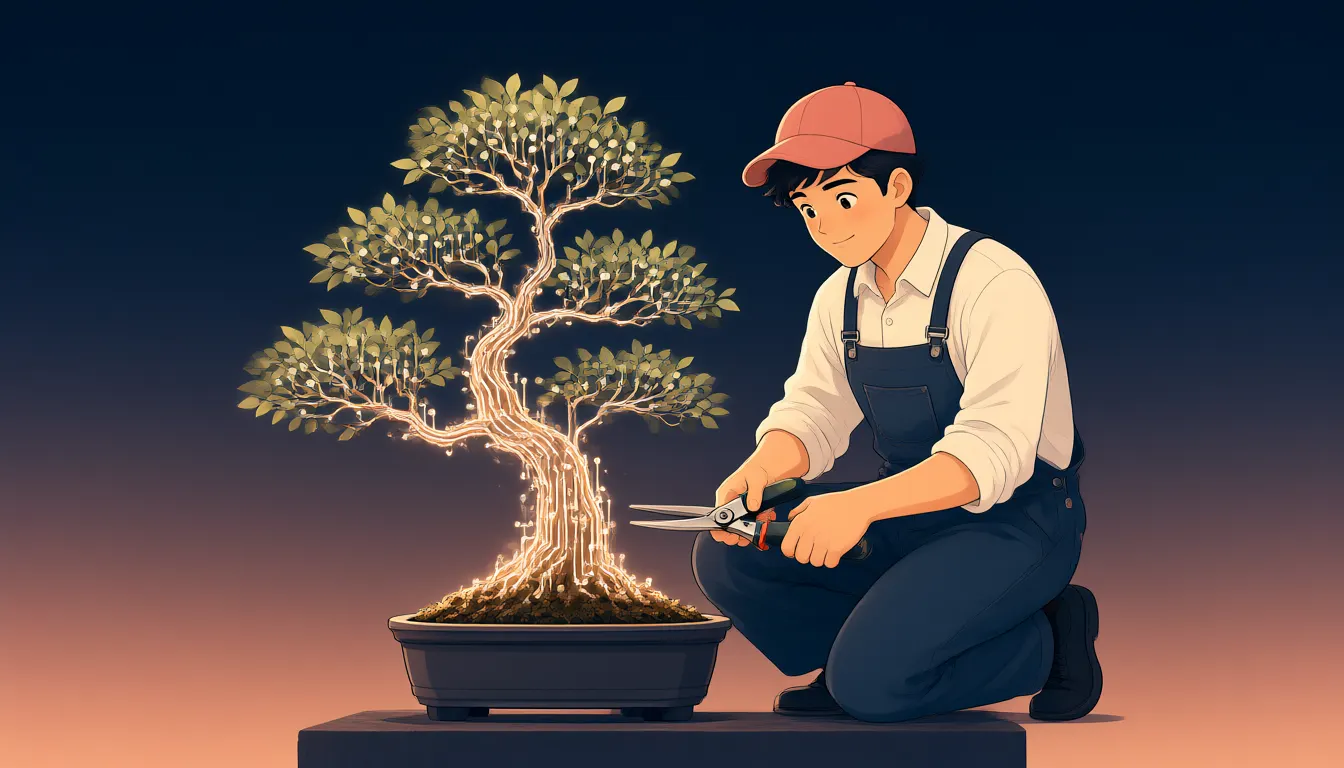 光る回路のような枝をもつ盆栽を、作業着の人がはさみで手入れしている。